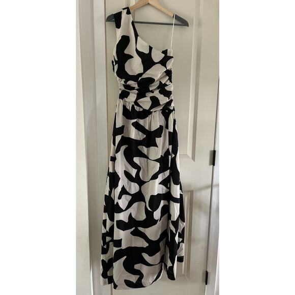 ABERCROMBIE & FITCH Maxi Dress Sz S One Shoulder High Slit Side Cutout B&W NWOT - Picture 1 of 16